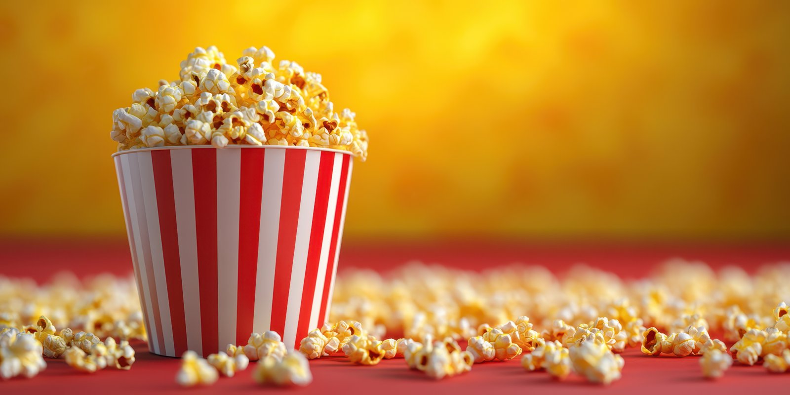 Delicious popcorn in a striped bucket with scattered kernels on a vibrant background